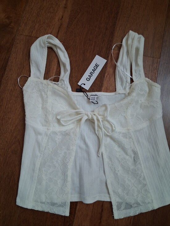 Garage Tops - Garage Cream Lace-Trim Ribbed Camisole with Front Tie